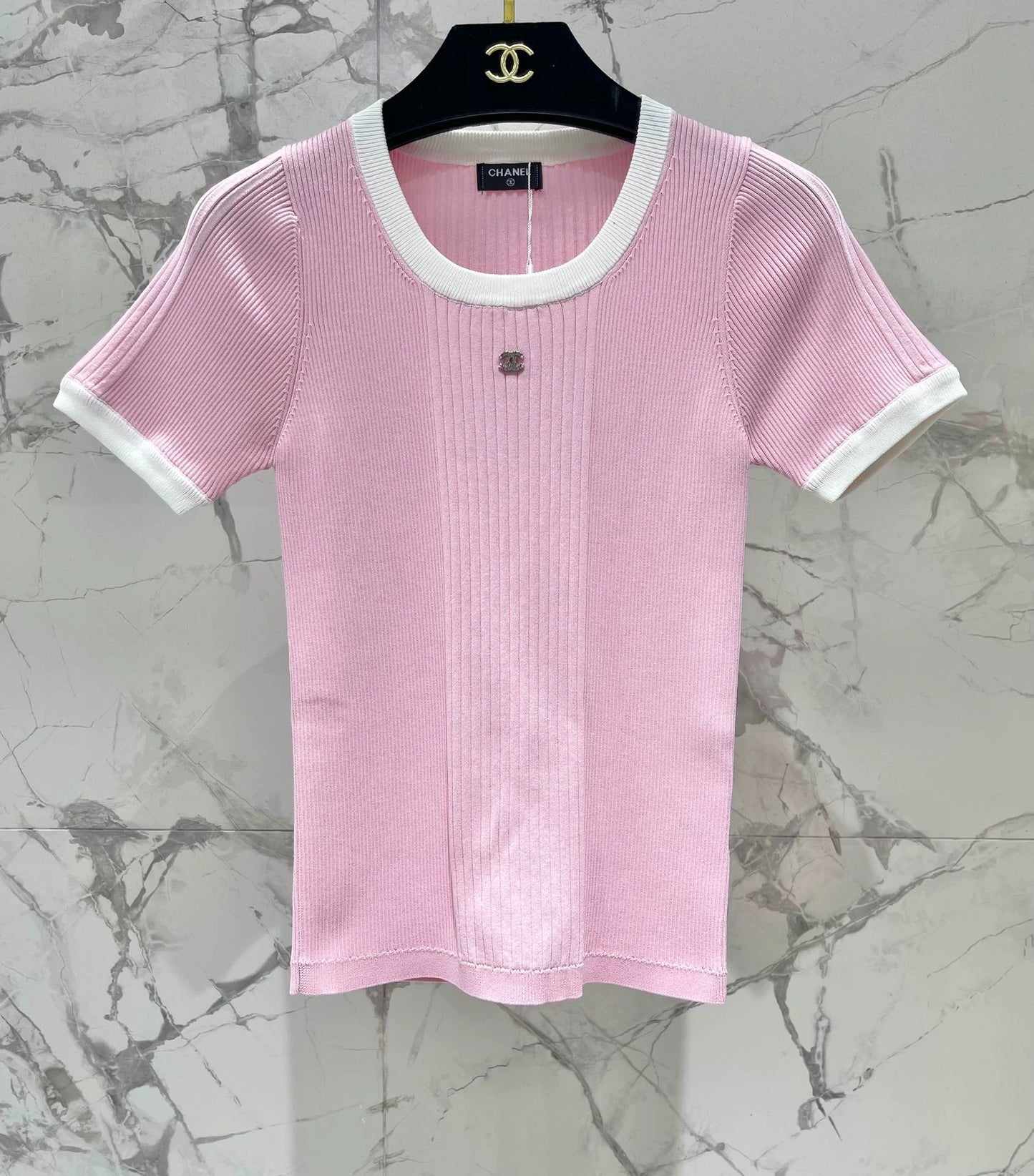 25ss knitted rhinestone color matching short sleeves