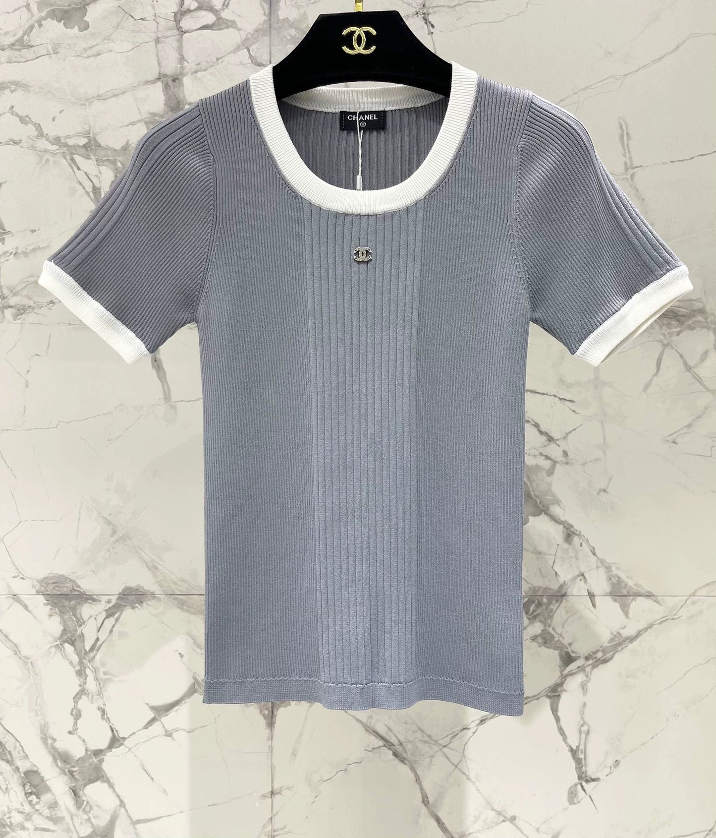 25ss knitted rhinestone color matching short sleeves