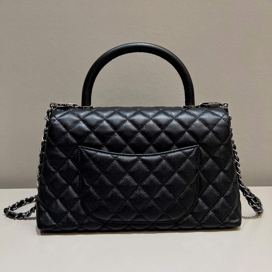 LARGE FLAP BAG WITH TOP HANDLE 29 Small Grained Calfskin Black