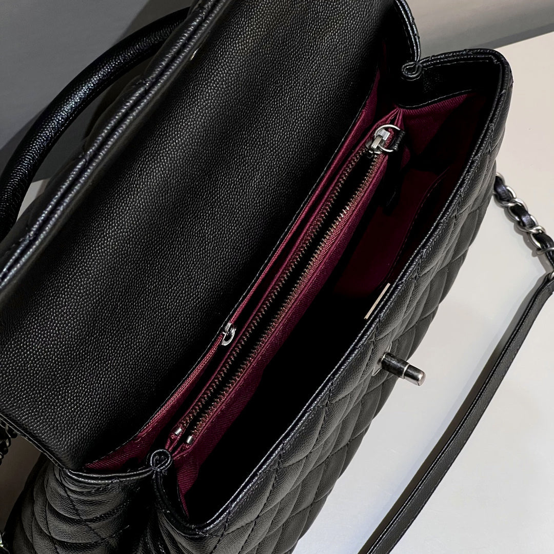 LARGE FLAP BAG WITH TOP HANDLE 29 Small Grained Calfskin Black