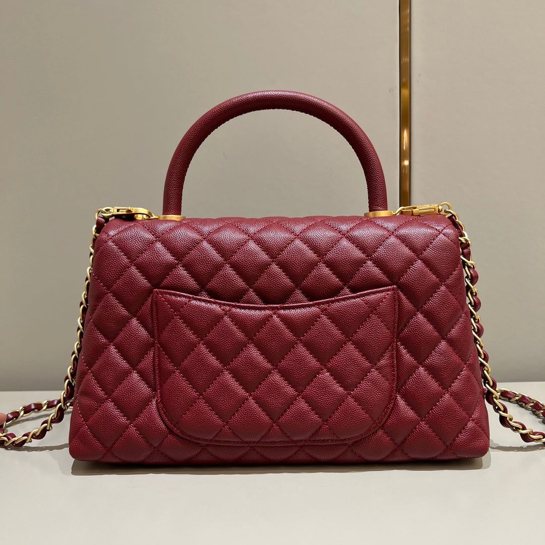 LARGE FLAP BAG WITH TOP HANDLE 29 Small Grained Calfskin Red Wine Color