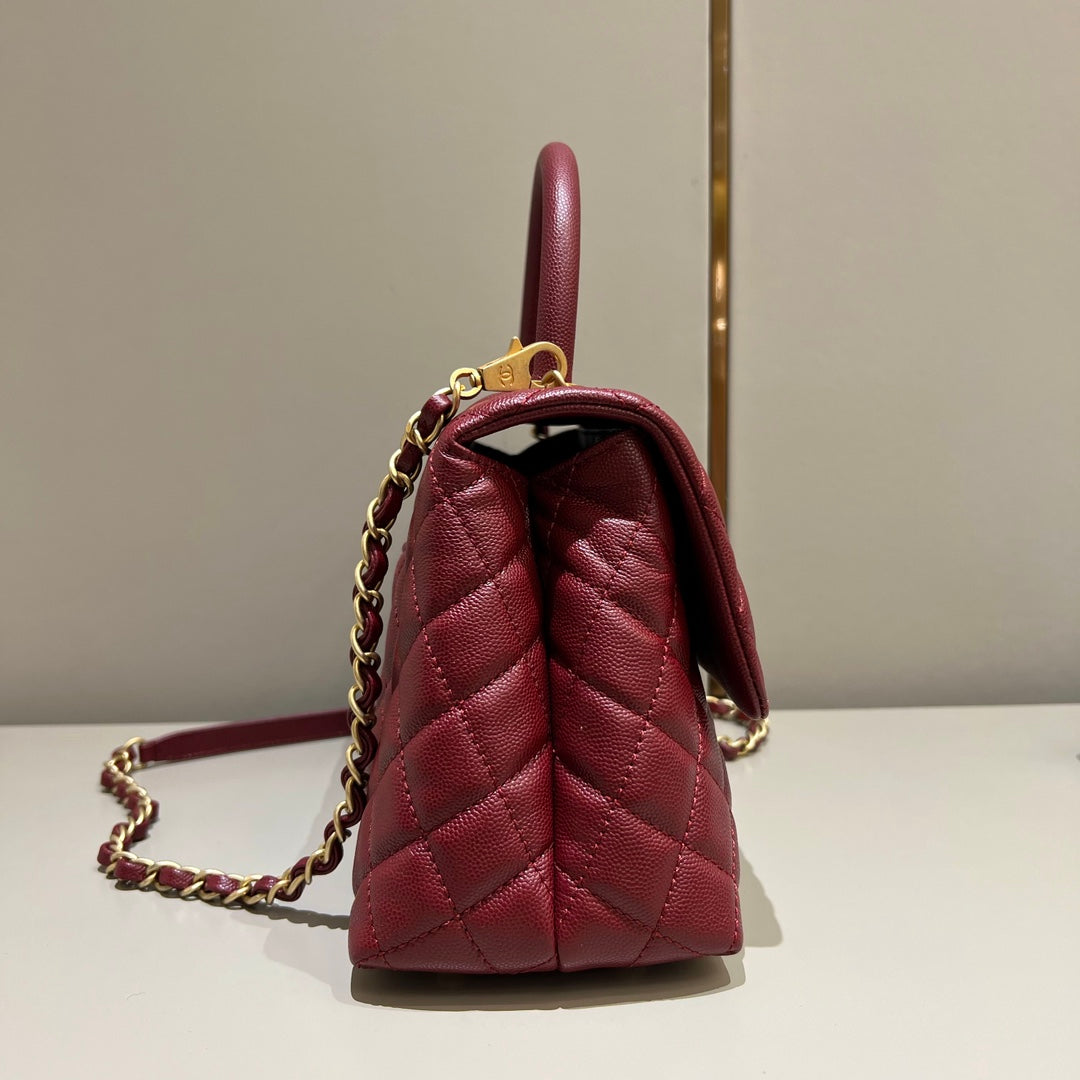 LARGE FLAP BAG WITH TOP HANDLE 29 Small Grained Calfskin Red Wine Color