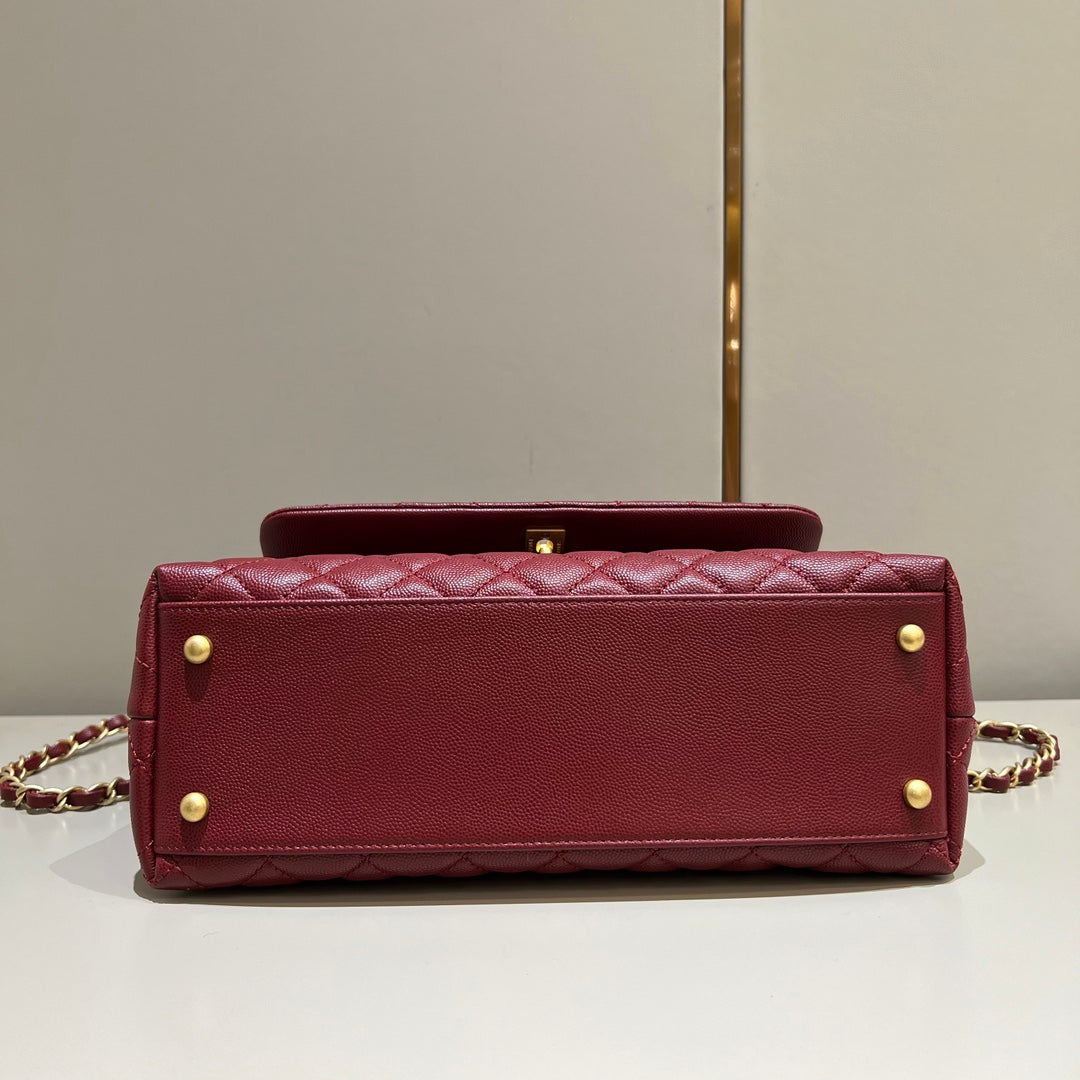 LARGE FLAP BAG WITH TOP HANDLE 29 Small Grained Calfskin Red Wine Color