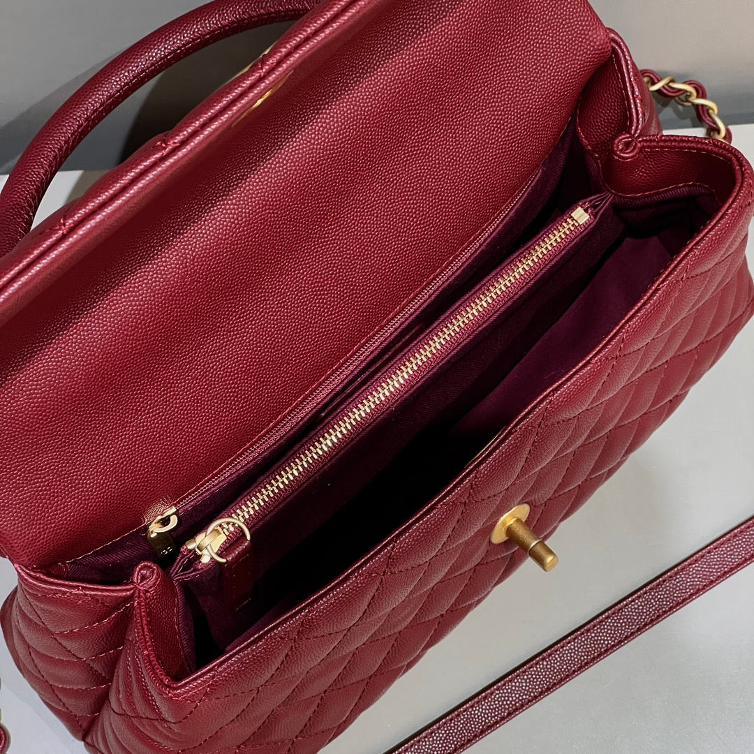 LARGE FLAP BAG WITH TOP HANDLE 29 Small Grained Calfskin Red Wine Color