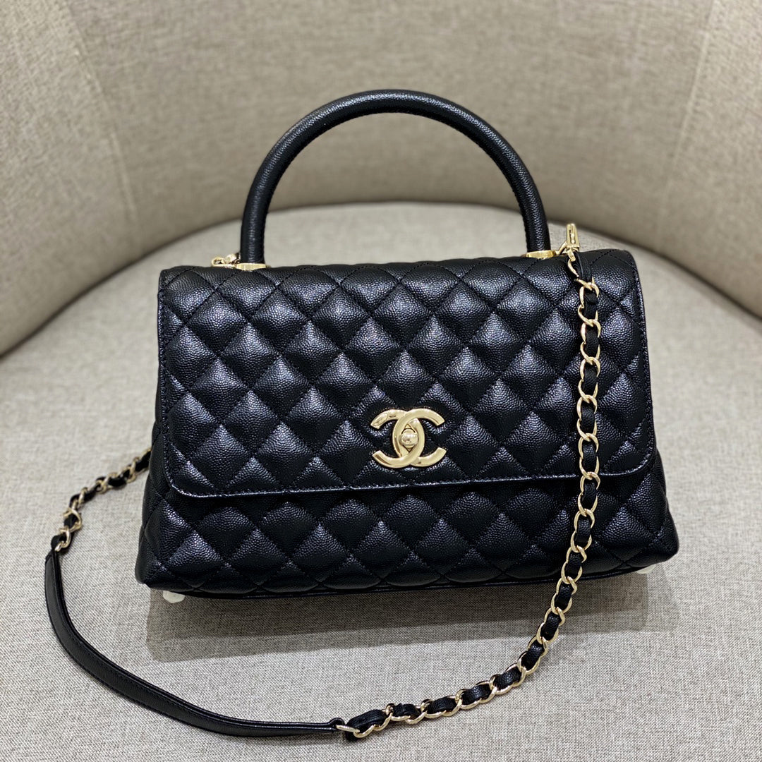 LARGE FLAP BAG WITH TOP HANDLE 29 Small Grained Calfskin Black