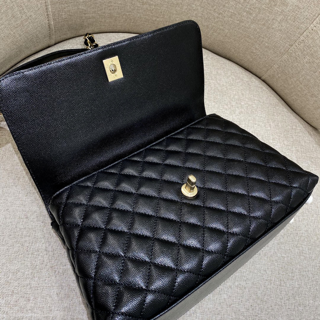 LARGE FLAP BAG WITH TOP HANDLE 29 Small Grained Calfskin Black