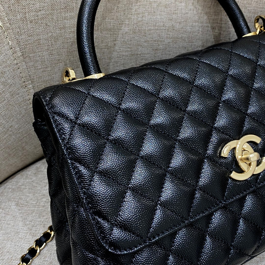 LARGE FLAP BAG WITH TOP HANDLE 29 Small Grained Calfskin Black