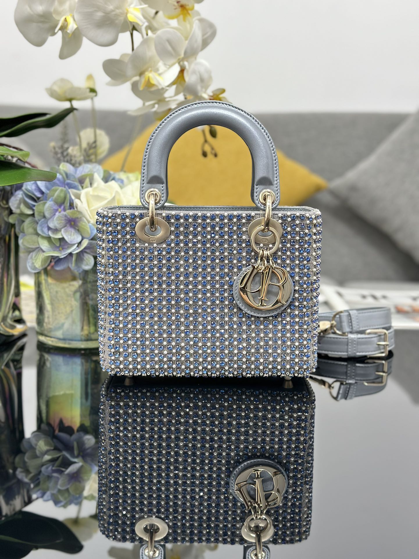 Mini Lady Bag Grey Sapphire Pearl decoration Embroidery
