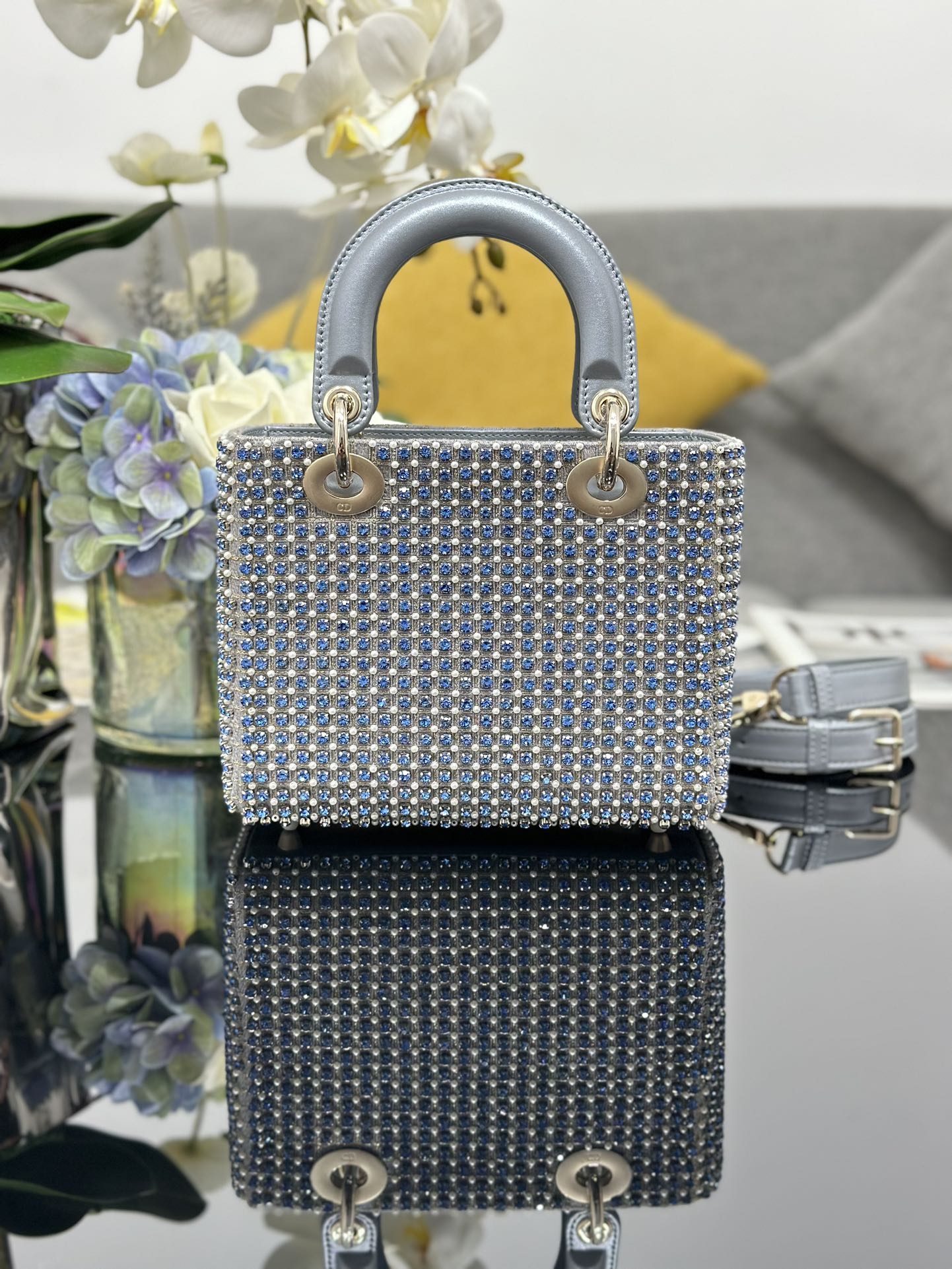 Mini Lady Bag Grey Sapphire Pearl decoration Embroidery