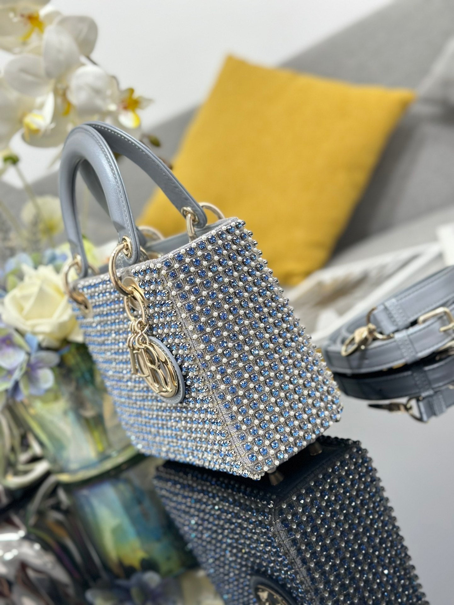 Mini Lady Bag Grey Sapphire Pearl decoration Embroidery