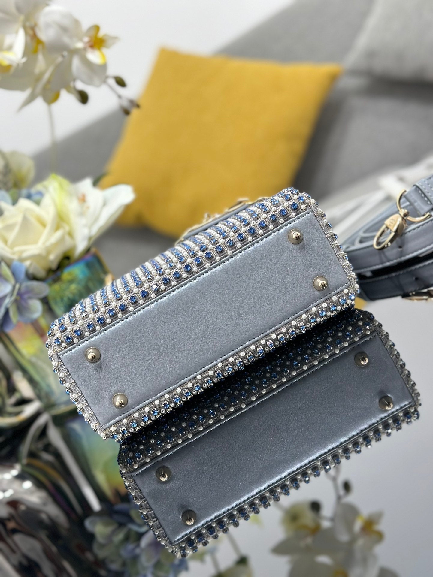 Mini Lady Bag Grey Sapphire Pearl decoration Embroidery