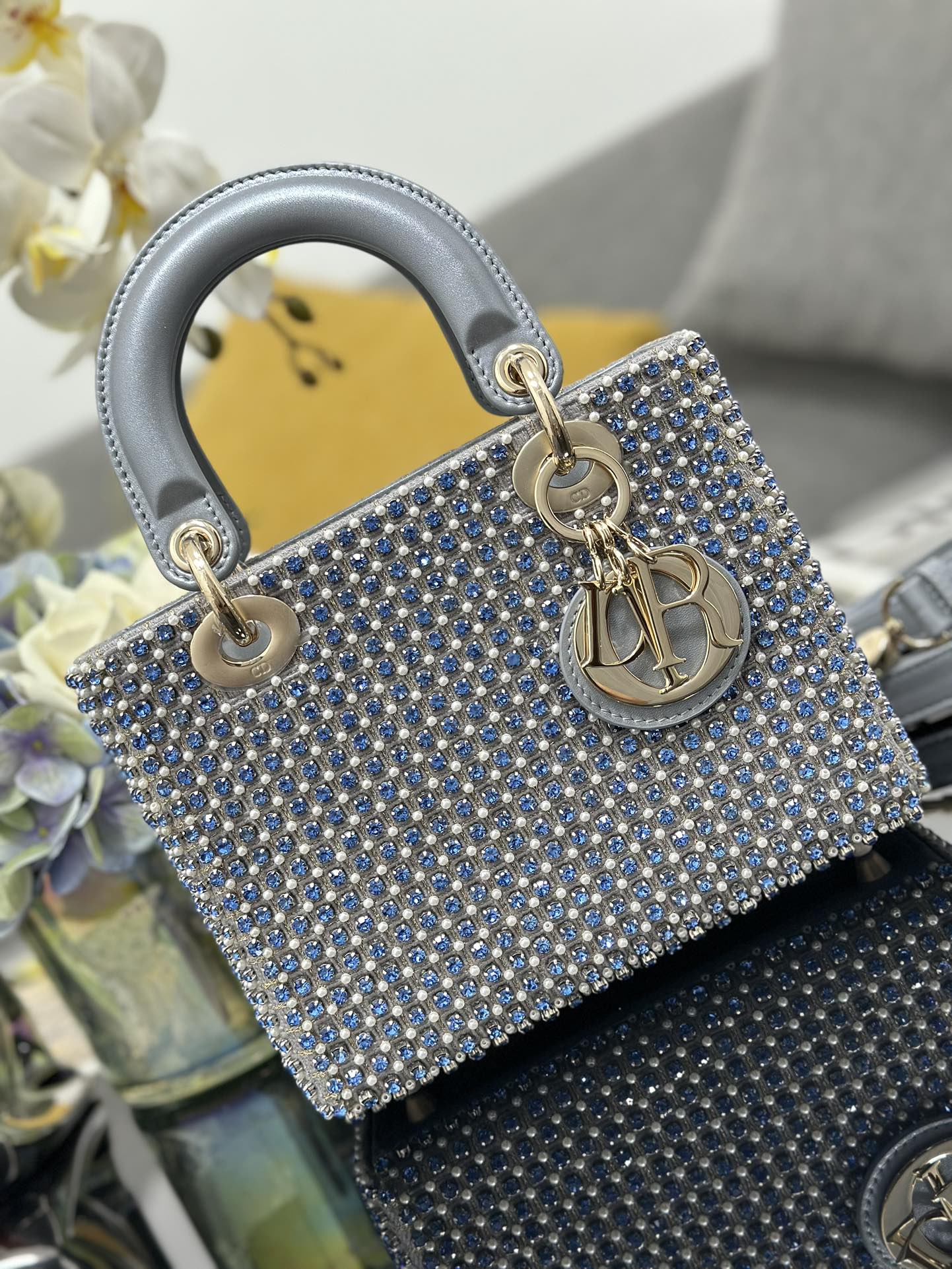 Mini Lady Bag Grey Sapphire Pearl decoration Embroidery