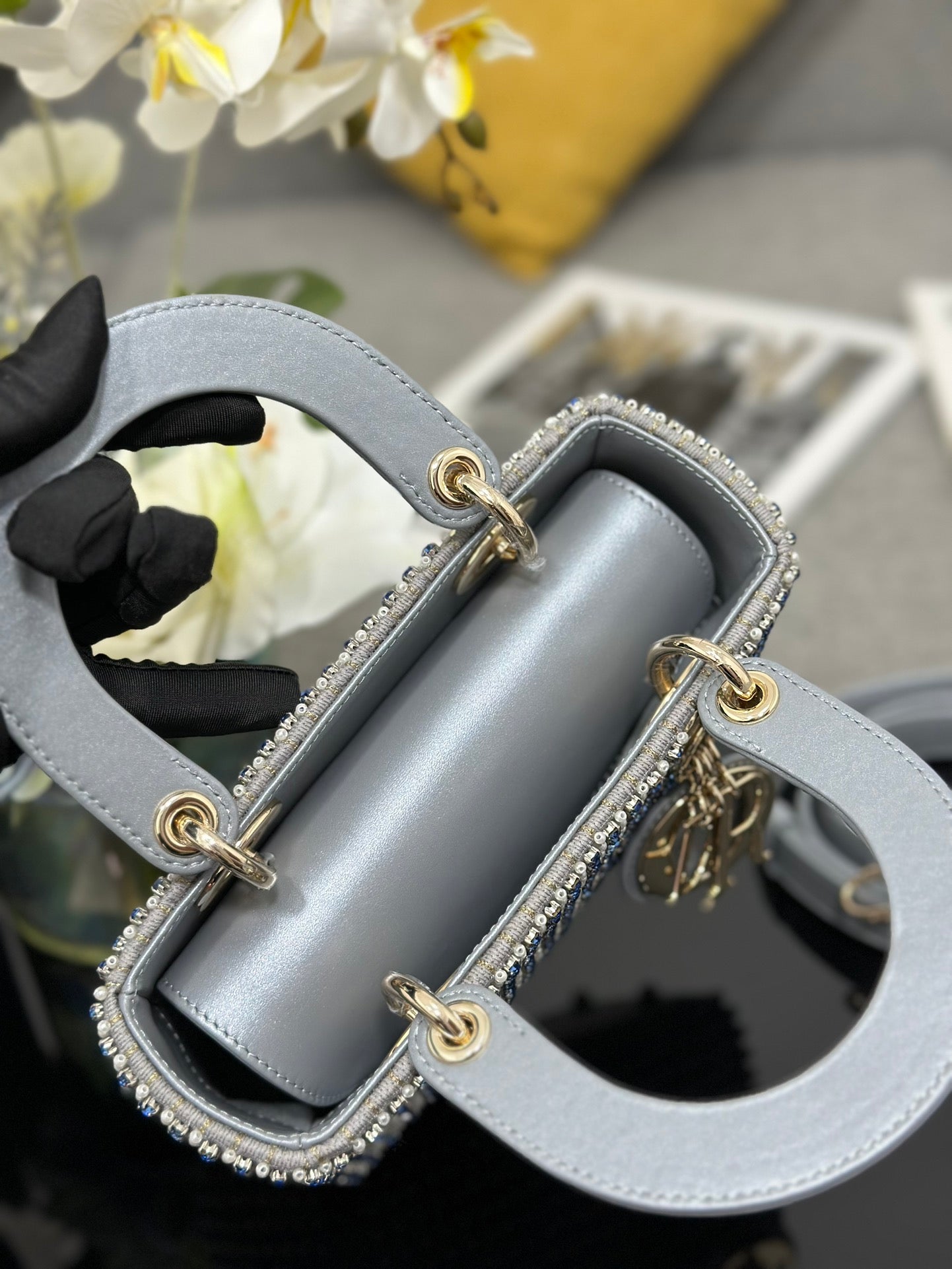 Mini Lady Bag Grey Sapphire Pearl decoration Embroidery