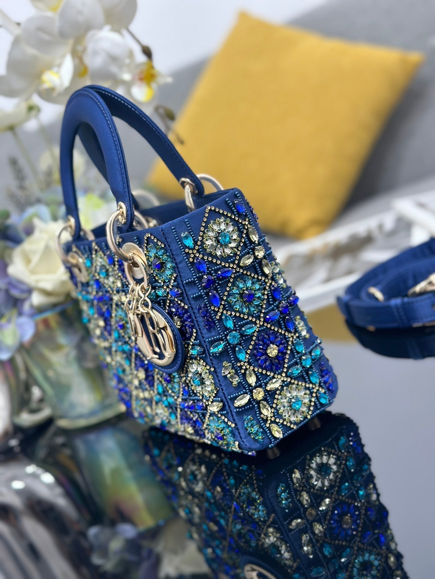 Mini Lady Bag Blue Sapphire Pearl decoration Embroidery