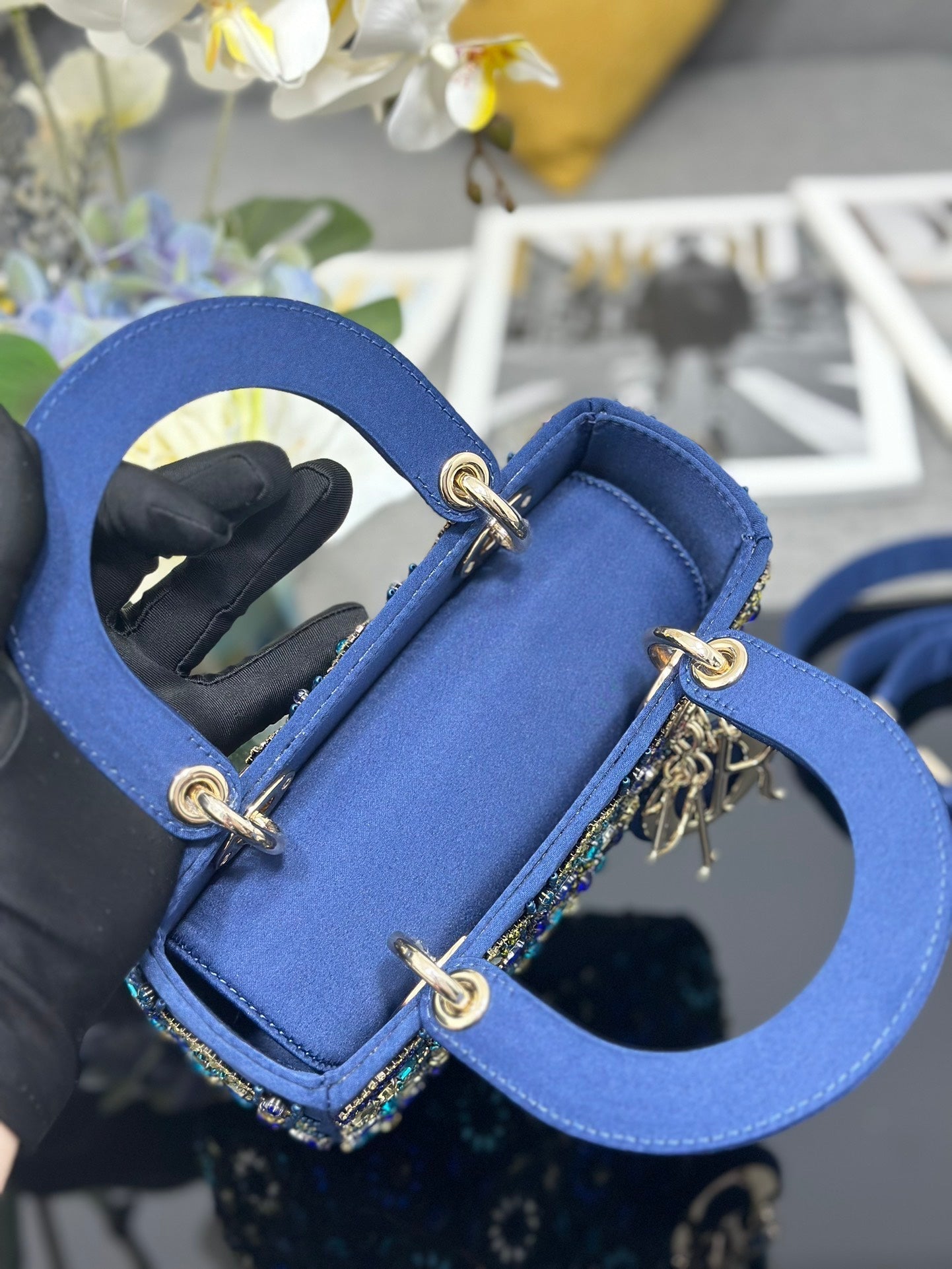Mini Lady Bag Blue Sapphire Pearl decoration Embroidery