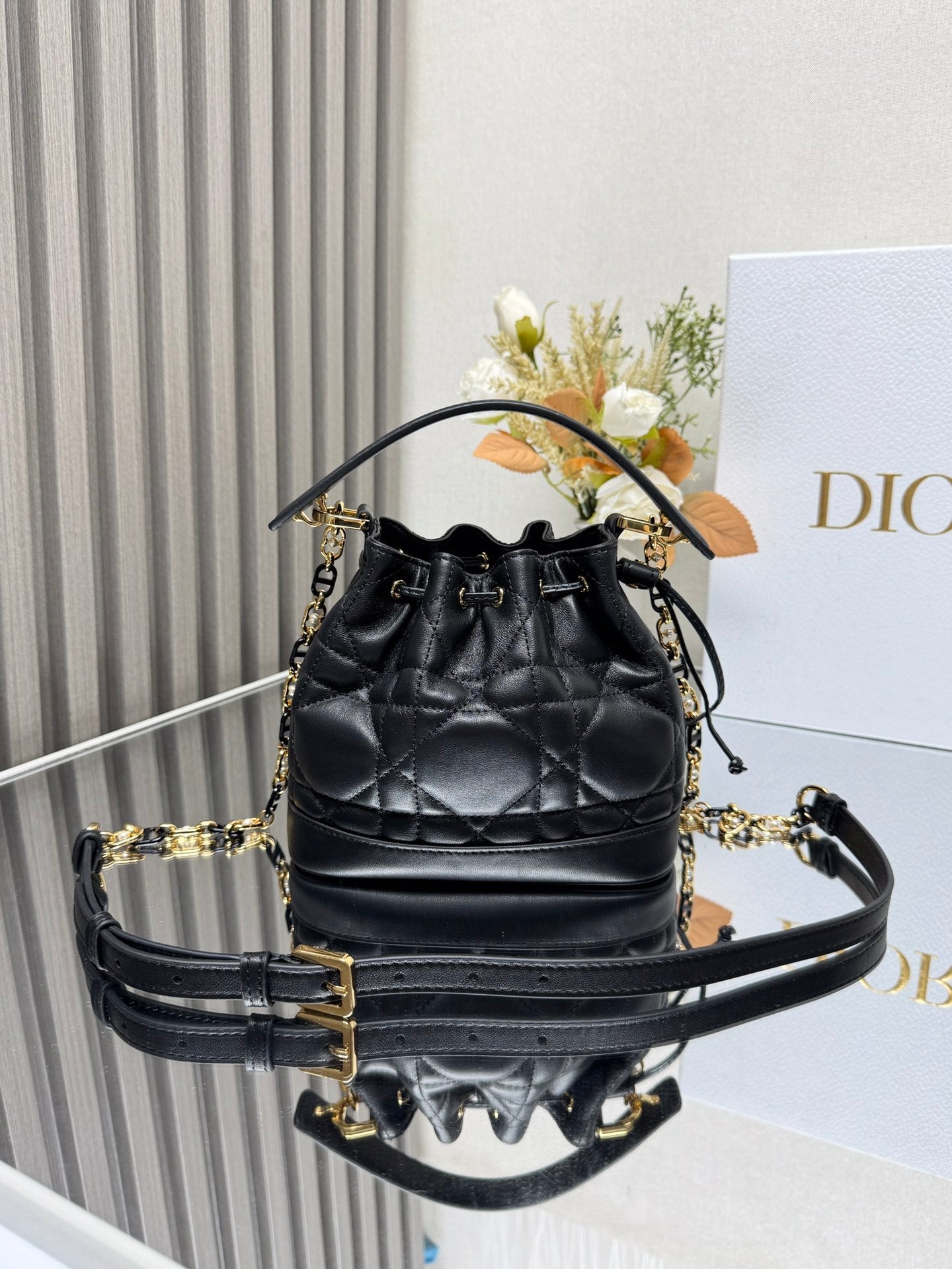 Small Jolie Bucket Bag Black Macrocannage Lambskin and Calfskin
