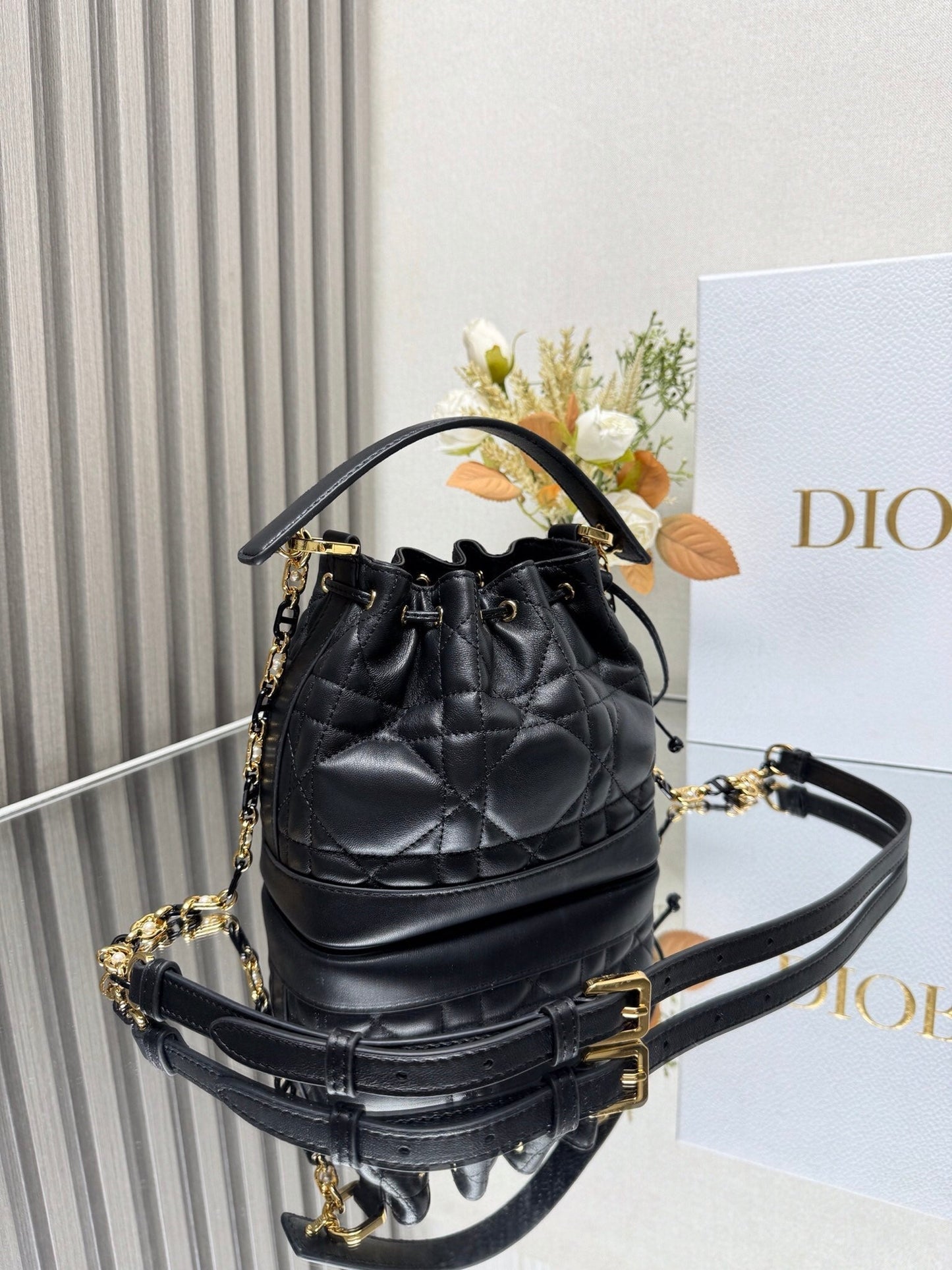 Small Jolie Bucket Bag Black Macrocannage Lambskin and Calfskin