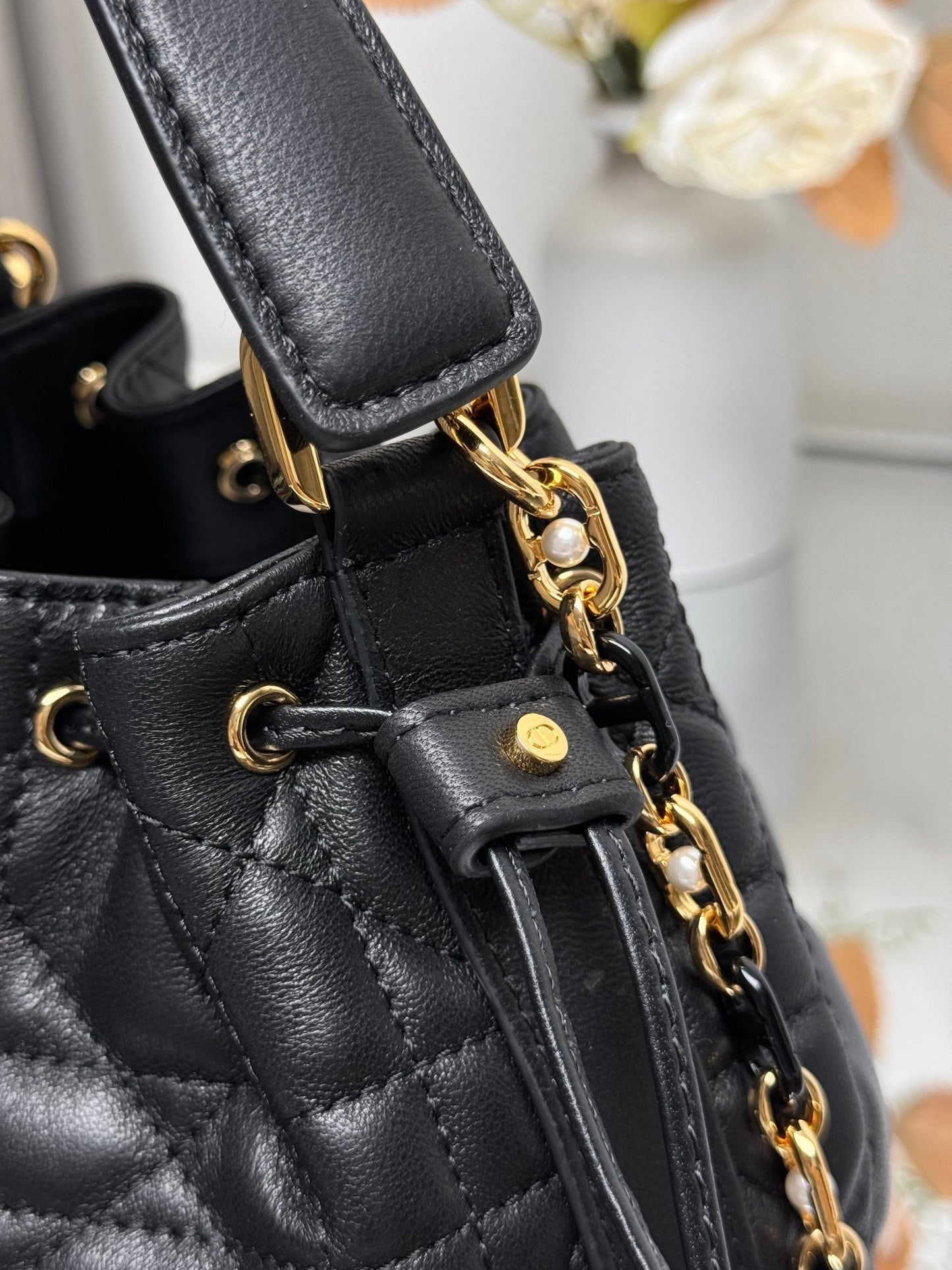 Small Jolie Bucket Bag Black Macrocannage Lambskin and Calfskin