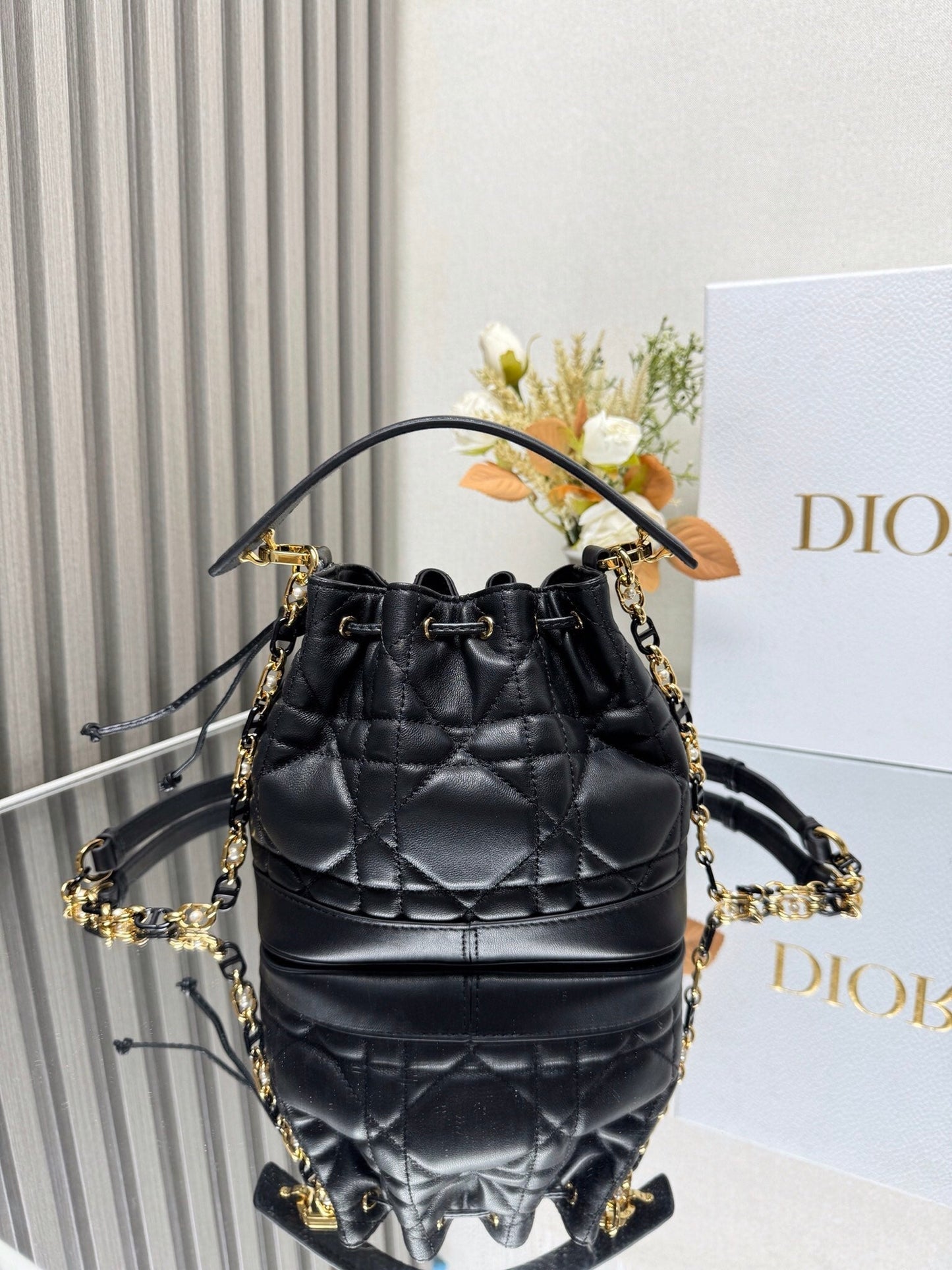 Small Jolie Bucket Bag Black Macrocannage Lambskin and Calfskin