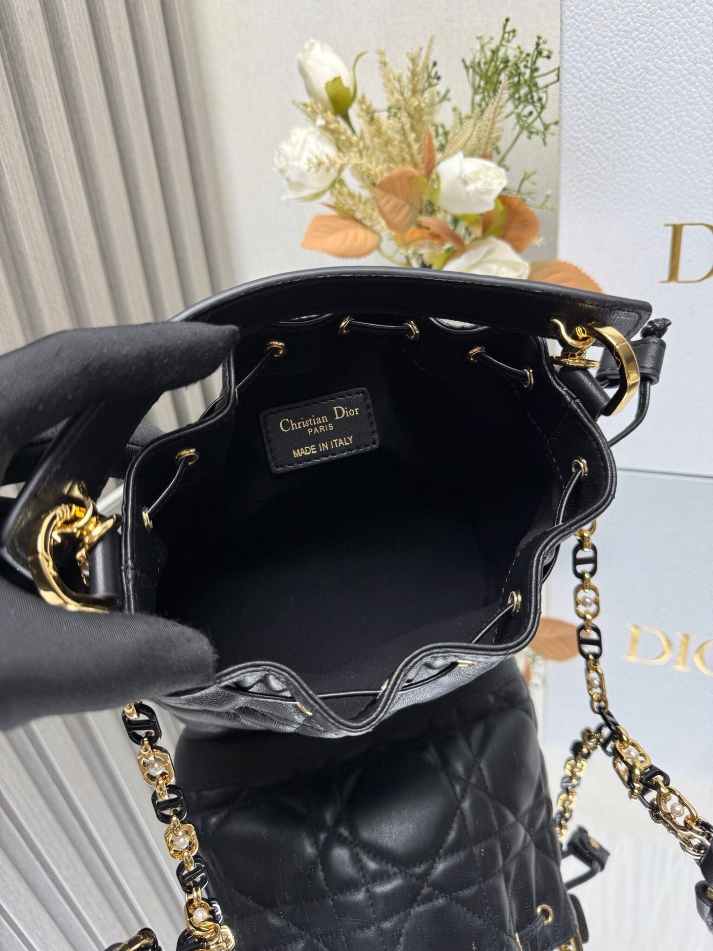 Small Jolie Bucket Bag Black Macrocannage Lambskin and Calfskin