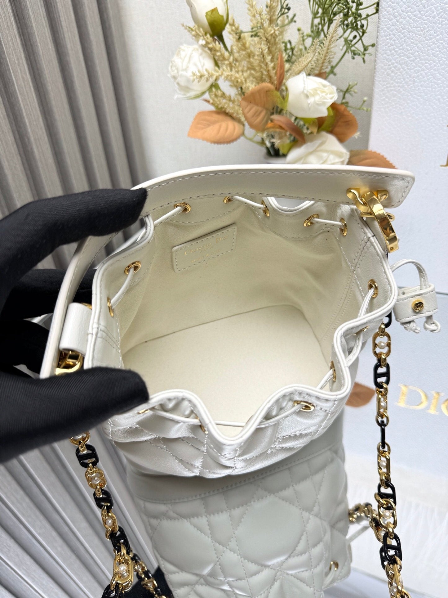 Small Jolie Bucket Bag Black Macrocannage Lambskin and Calfskin