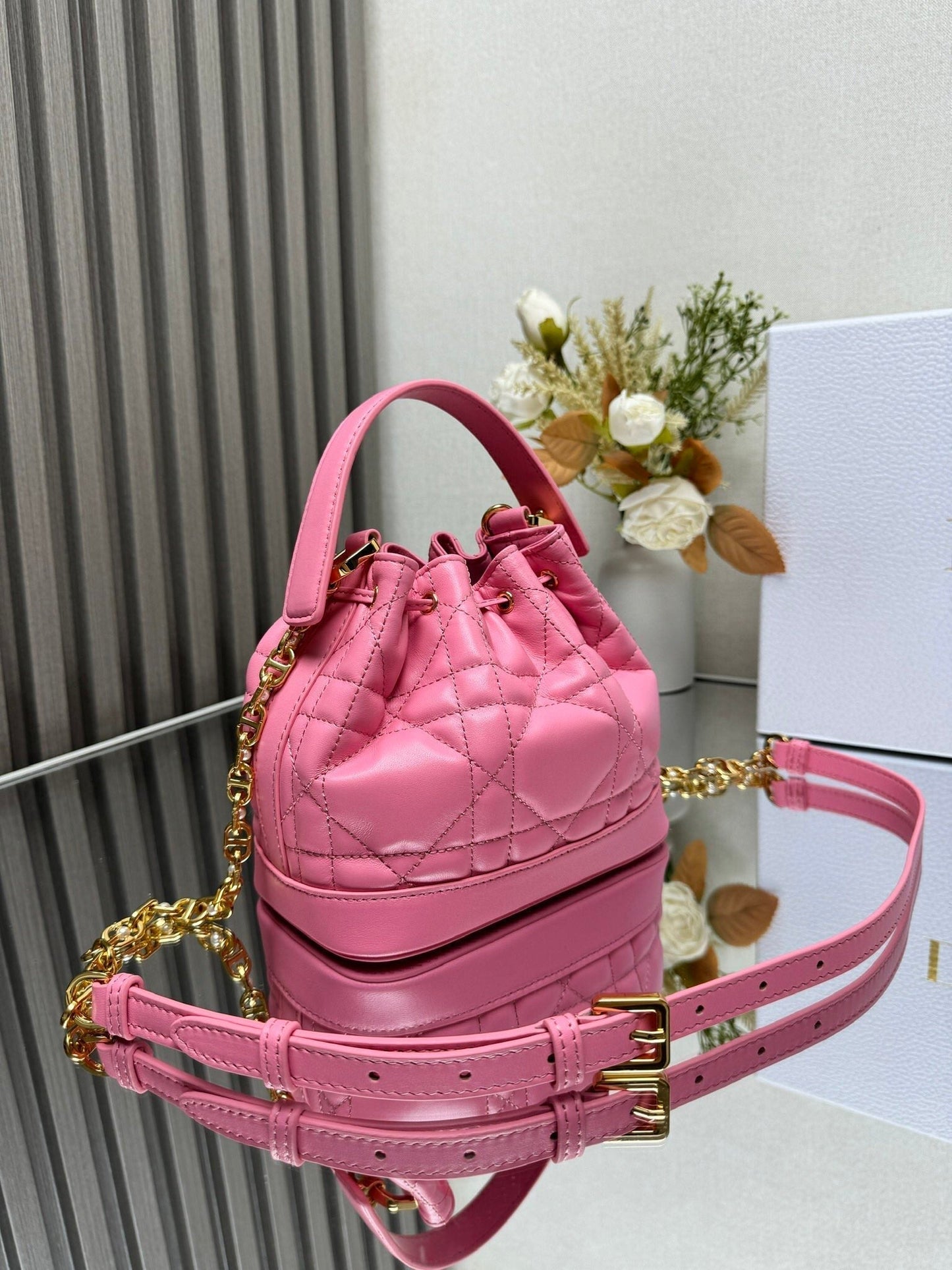 Small Jolie Bucket Bag Black Macrocannage Lambskin and Calfskin