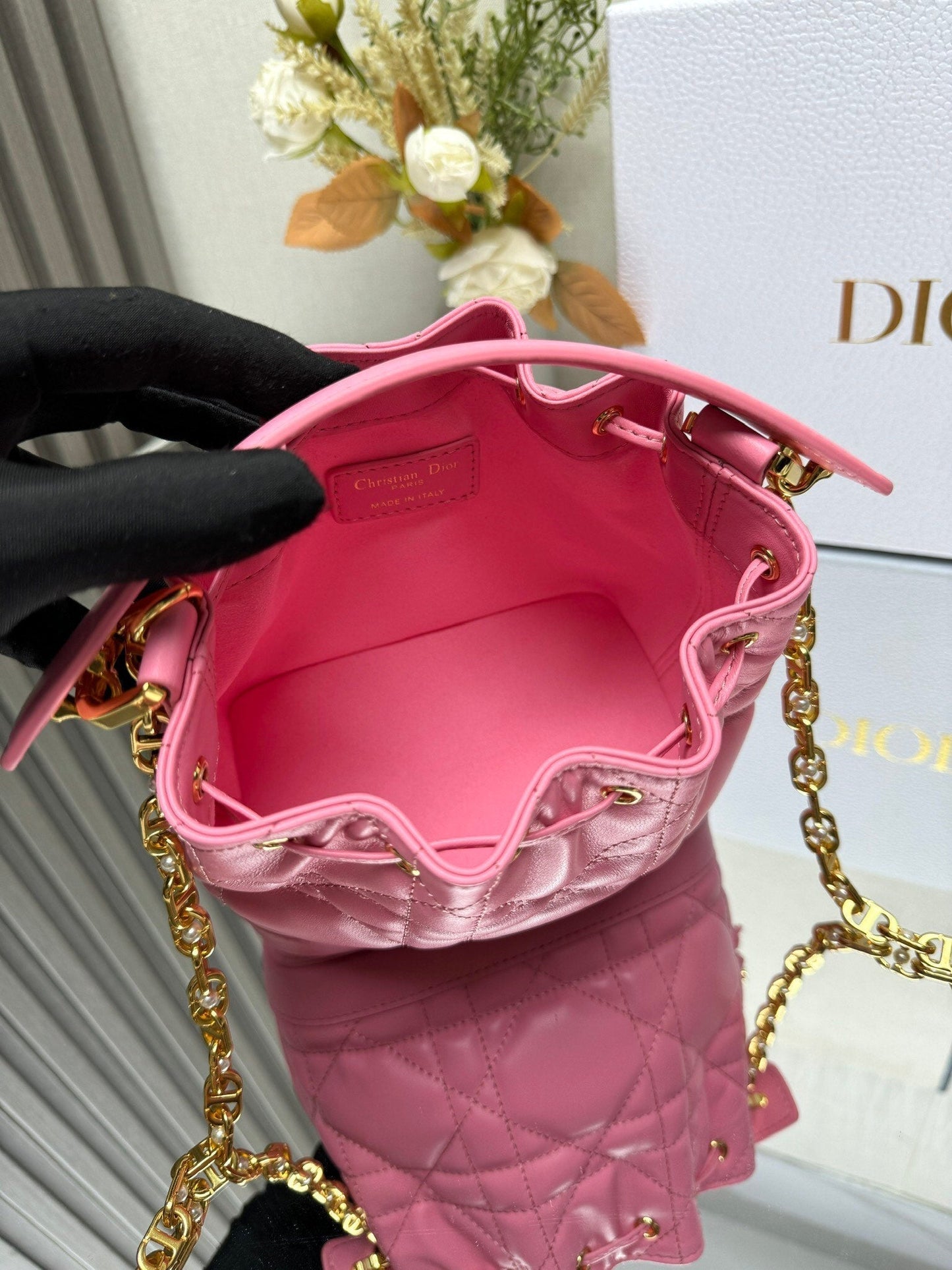 Small Jolie Bucket Bag Black Macrocannage Lambskin and Calfskin