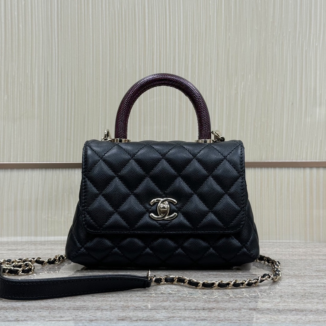 Mini Flap Bag with Top Handle Small Grained Calfskin Lizard Handle Black