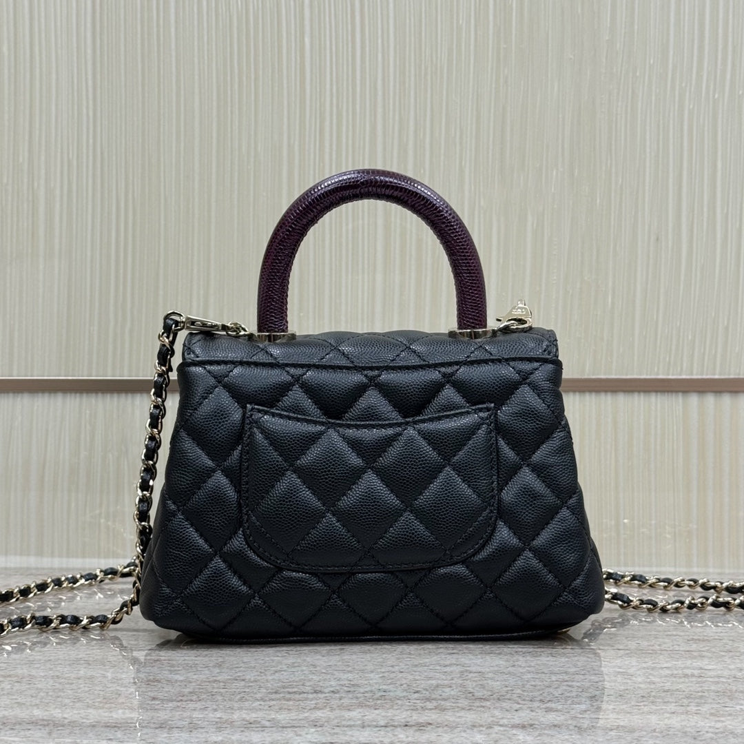 Mini Flap Bag with Top Handle Small Grained Calfskin Lizard Handle Black