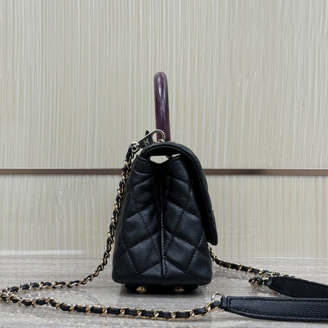 Mini Flap Bag with Top Handle Small Grained Calfskin Lizard Handle Black