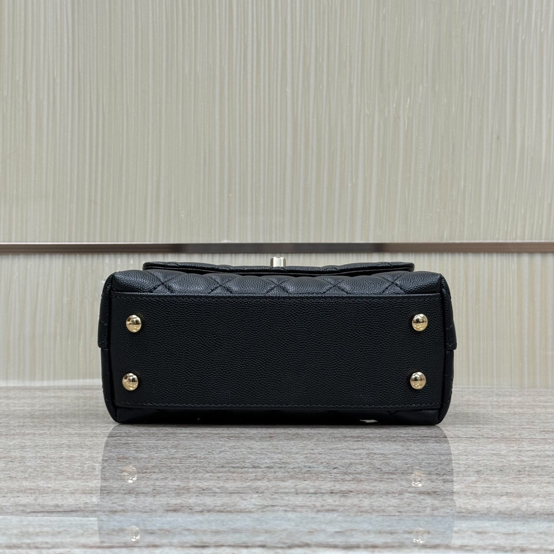 Mini Flap Bag with Top Handle Small Grained Calfskin Lizard Handle Black