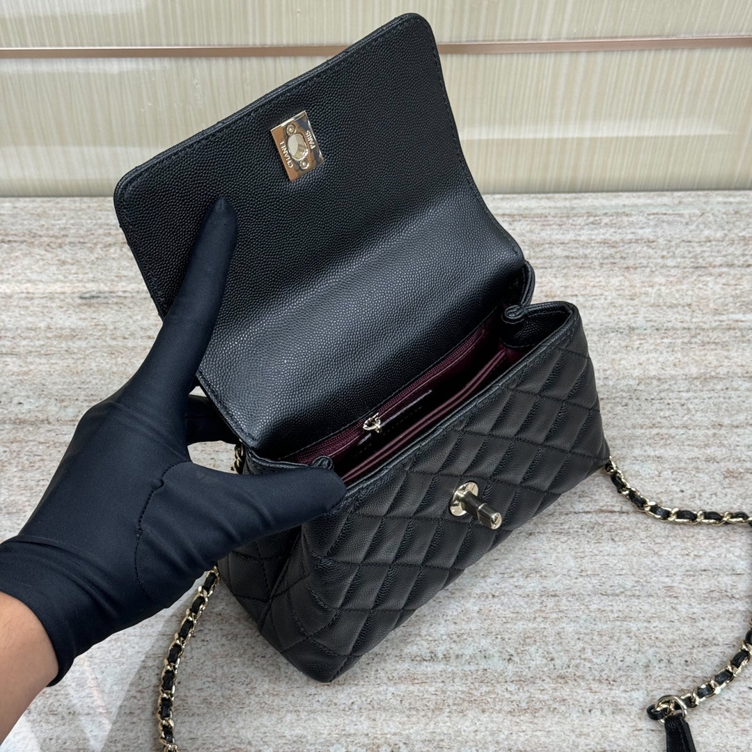 Mini Flap Bag with Top Handle Small Grained Calfskin Lizard Handle Black