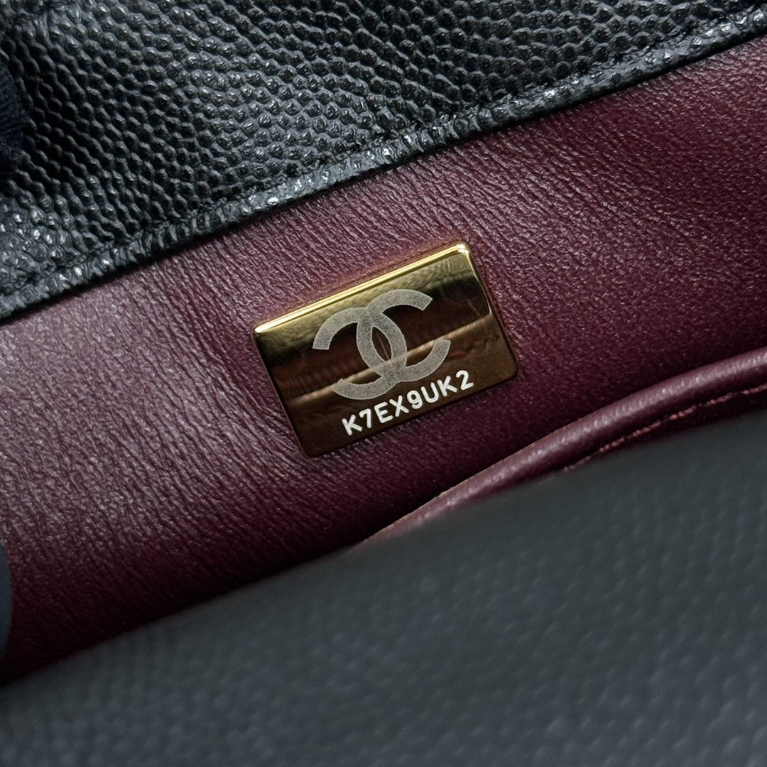 Mini Flap Bag with Top Handle Small Grained Calfskin Lizard Handle Black
