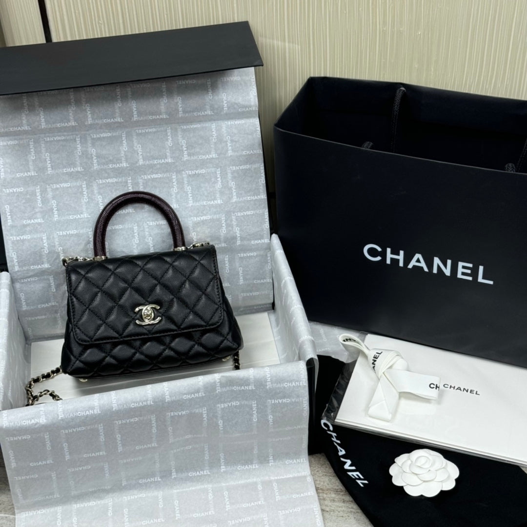Mini Flap Bag with Top Handle Small Grained Calfskin Lizard Handle Black
