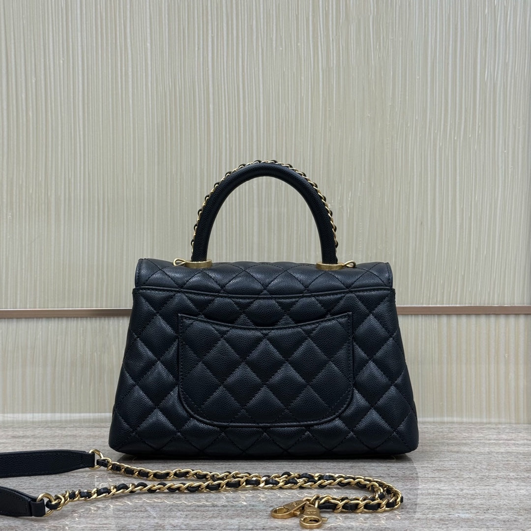FLAP BAG WITH TOP HANDLE 24 Grained Calfskin Black