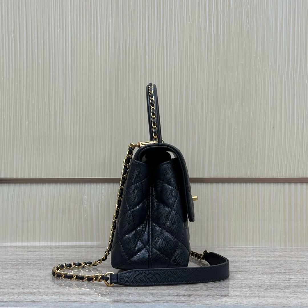 FLAP BAG WITH TOP HANDLE 24 Grained Calfskin Black