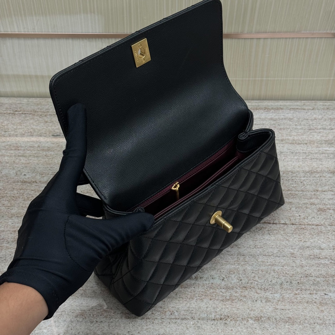 FLAP BAG WITH TOP HANDLE 24 Grained Calfskin Black