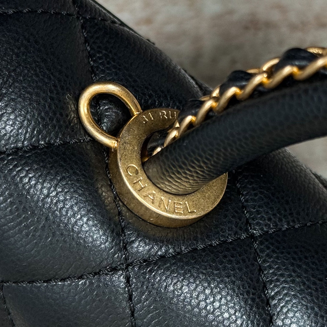 FLAP BAG WITH TOP HANDLE 24 Grained Calfskin Black