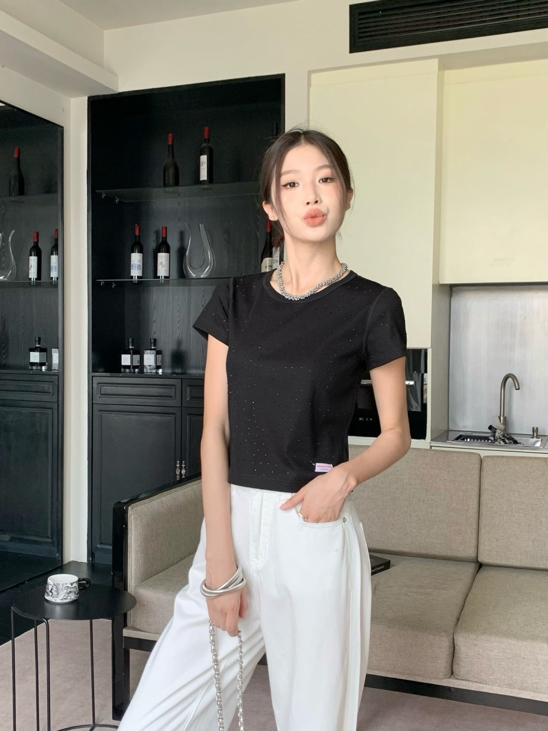 25ss rhinestone t-shirt