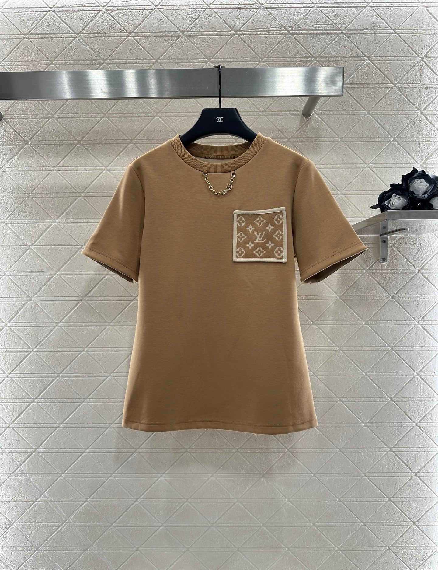 25 Jacquard cotton polyester blend short sleeved shirt (KHAKI/BLACK)