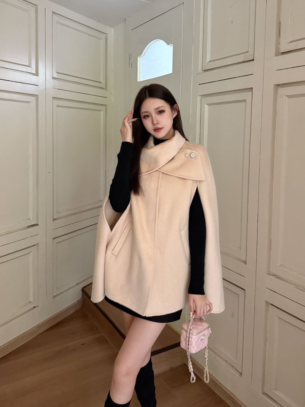 Double-faced wool cape coat