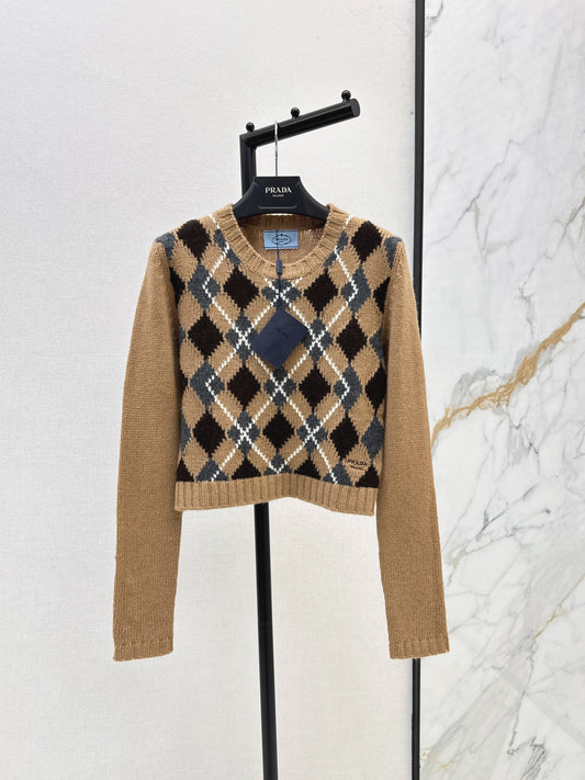 25 College style diamond plaid long sleeved sweater
