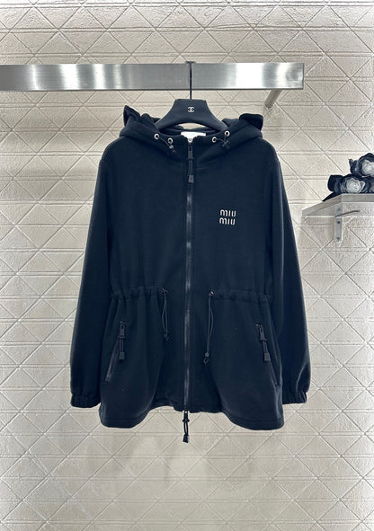 Teddy plush hooded mid length jacket