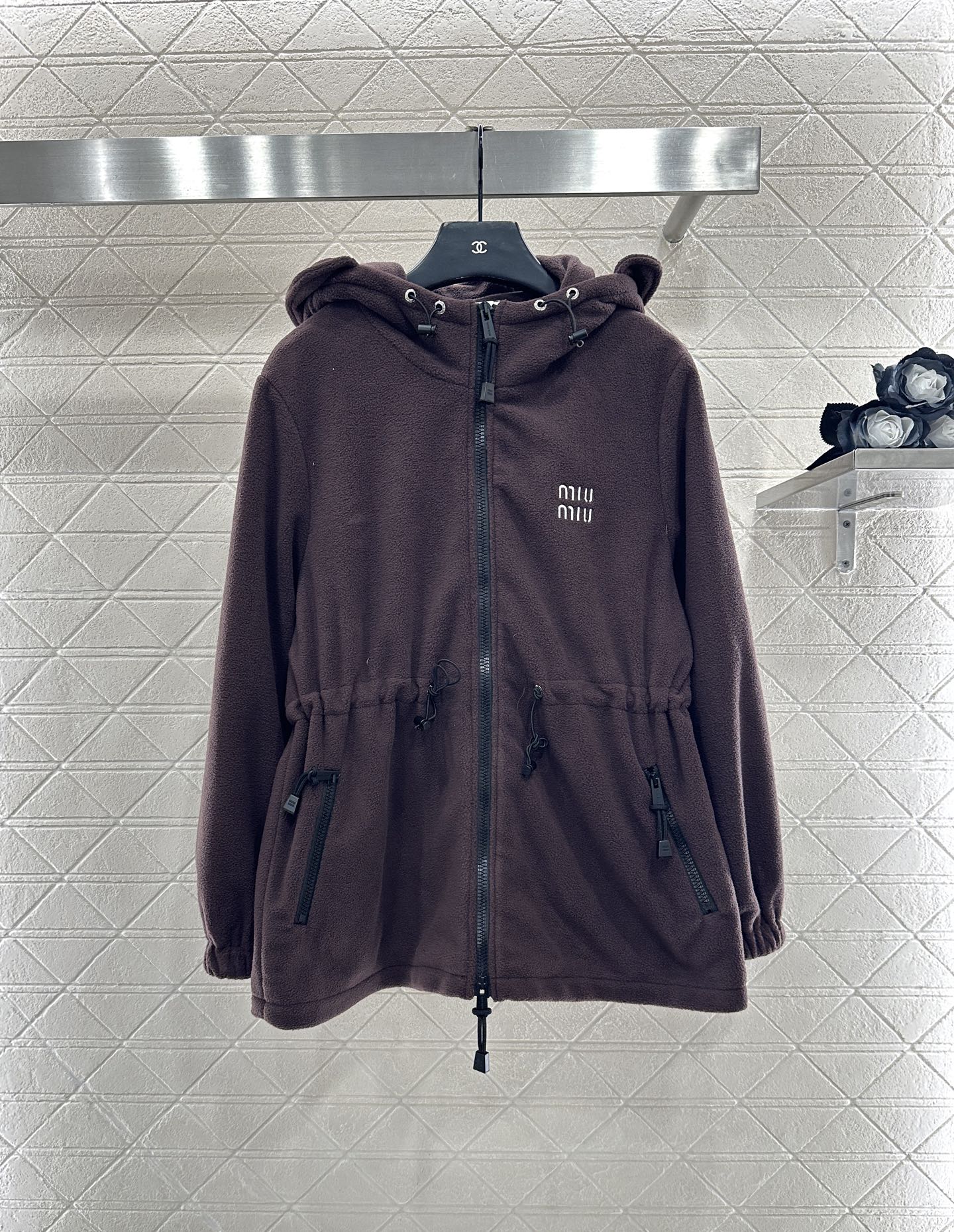 Teddy plush hooded mid length jacket