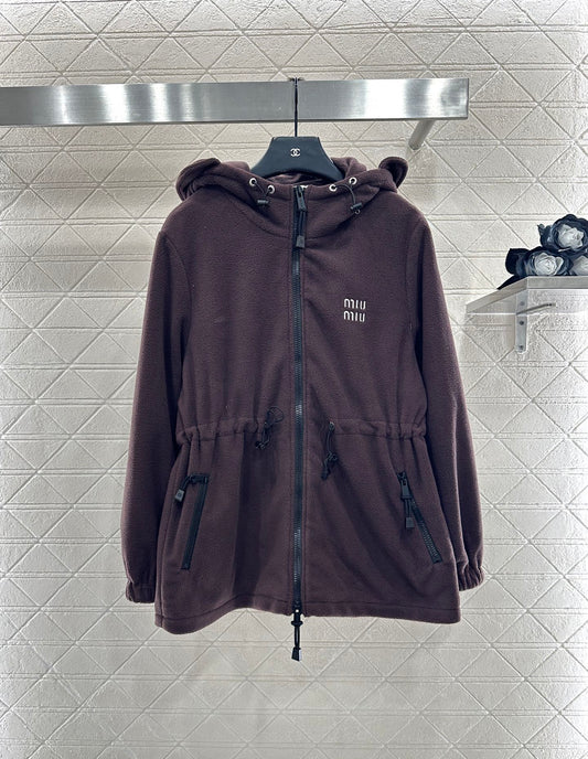 Teddy plush hooded mid length jacket