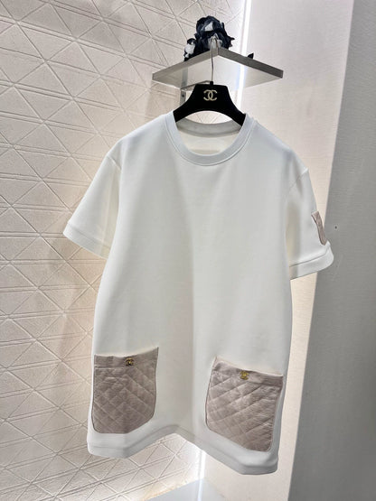 25 Round neck spliced diamond-patent leather short sleeves