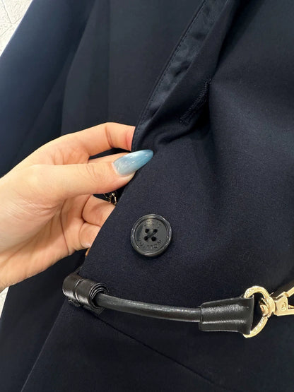 25fw Round neck leather chain buckle mid length jacket