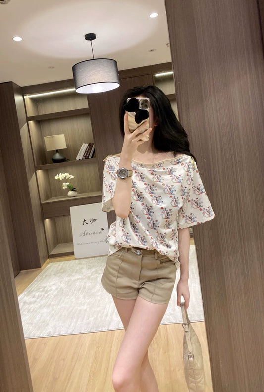 25 Off-shoulder zipper short-sleeved shorts set