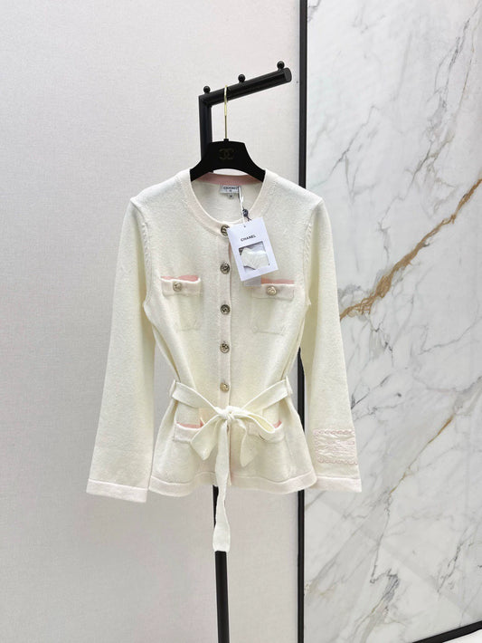 25fw new contrast color belt knitted cardigan