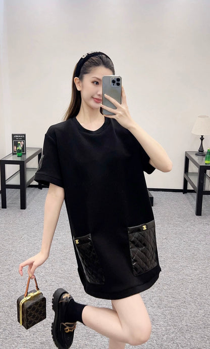 25 Round neck spliced diamond-patent leather short sleeves